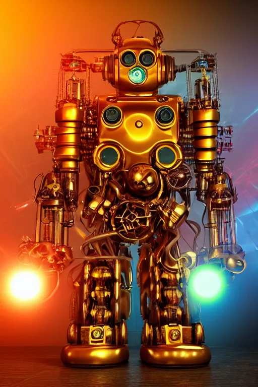 Image similar to portrait photo of a giant huge golden and blue metal humanoid steampunk robot singer with headphones and big gears and tubes, robot is falling apart, eyes are glowing red lightbulbs, shiny crisp finish, 3 d render, 8 k, insaneley detailed, fluorescent colors, background is multicolored lasershow