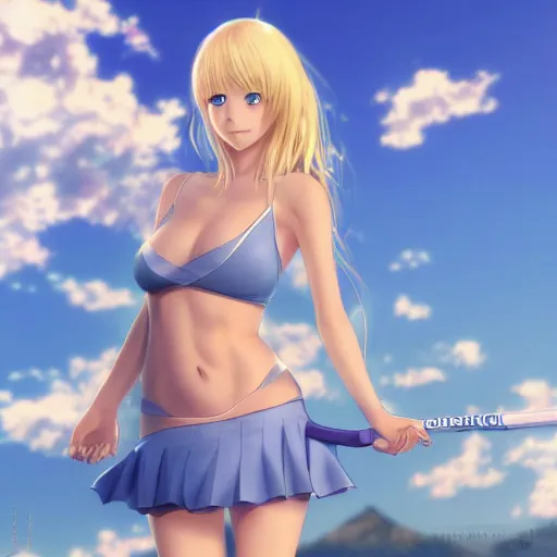 Image similar to full body shot : a very beautiful young blond tennis anime girl, sky blue eyes,, bikini, miniskirt, highly detailed, cinematic wallpaper by stanley artgerm lau