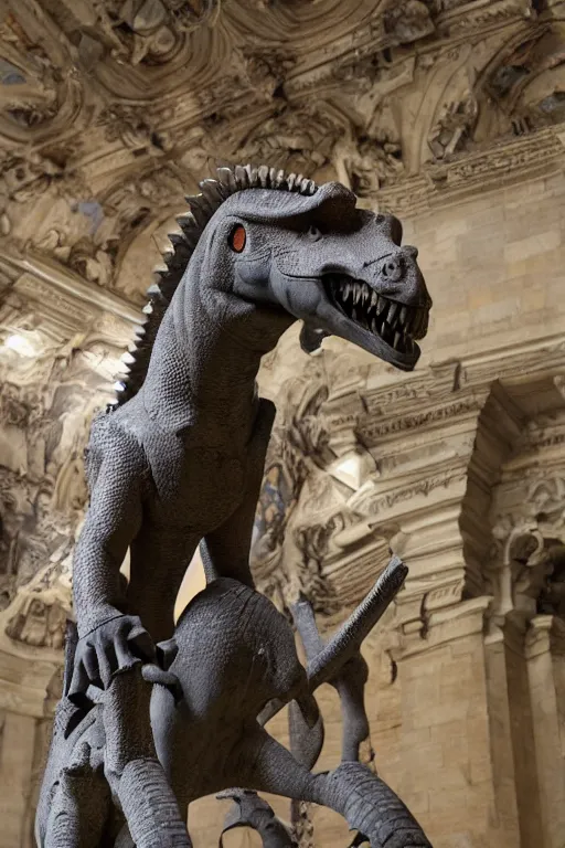 Prompt: medieval english, photo of stone statue, of a night in armor riding a dinosaur, romanesque style, in a large museum room