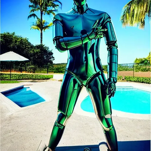 Image similar to “a realistic detailed photo of a guy who is an attractive humanoid who is half robot and half humanoid, who is a male android, twitch streamer Ninja Tyler Blevins, shiny skin, posing like a statue, blank stare, by the pool as a pool boy , display”