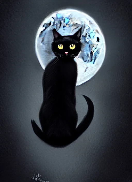 Prompt: black cat, moon, road, fantasy, intricate, elegant, highly detailed, lifelike, photorealistic, digital painting, artstation, illustration, concept art, smooth, sharp focus