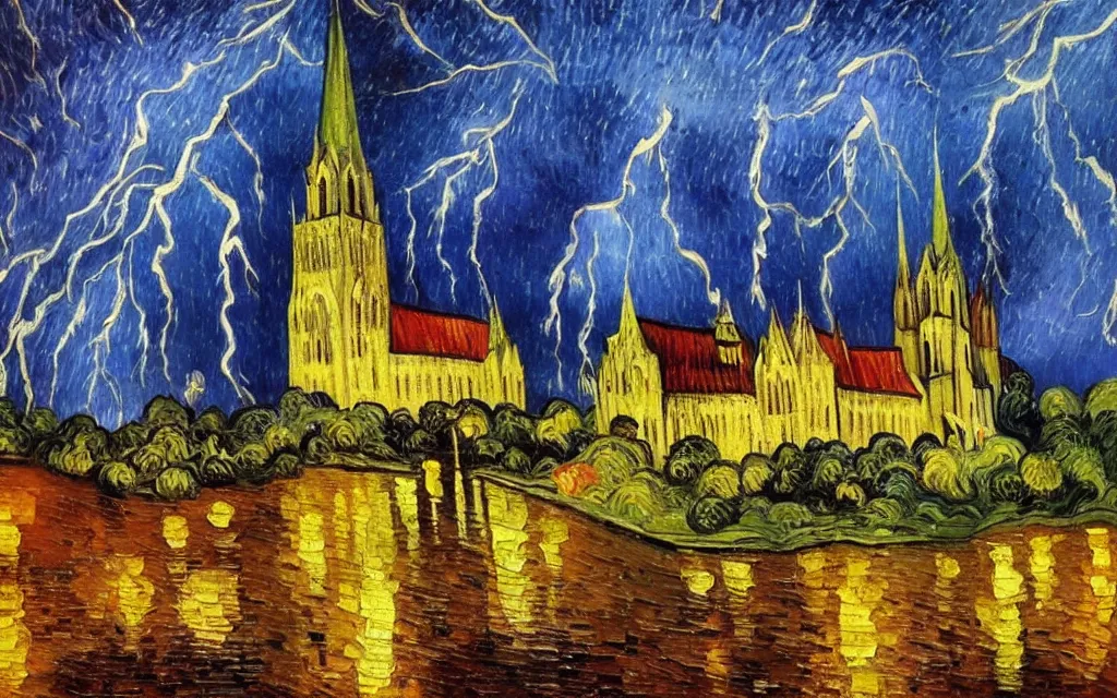 Image similar to atmospheric detailed expressionist oil painting of lightning storm over a tall gothic church, landscape painting, expressionism, blues, dramatic lighting, 8 k resolution detailed art, small brushstrokes, watercolor palette, painted by vincent van gogh