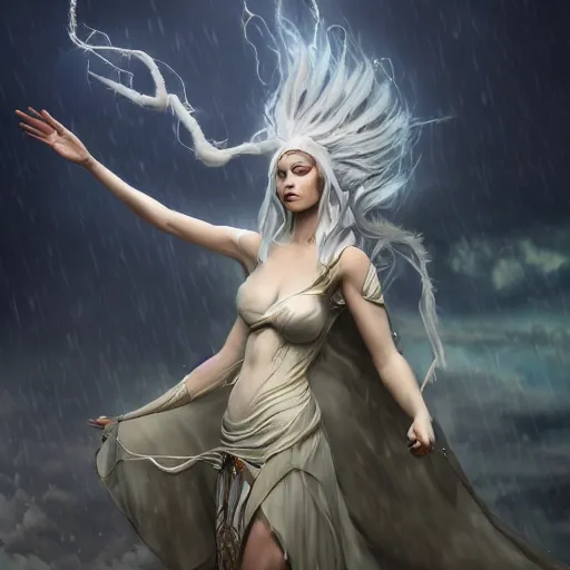 Prompt: A fantasy-like image of the Goddess of Storms, wearing an outfit made of wind and rain, by Max Hay, trending on artstation, 8k