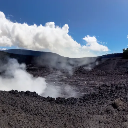 Image similar to a panoramic landscape with a stream of lava flowing down the valley. From the hills many KFC buckets on sticks are poking out on different angles