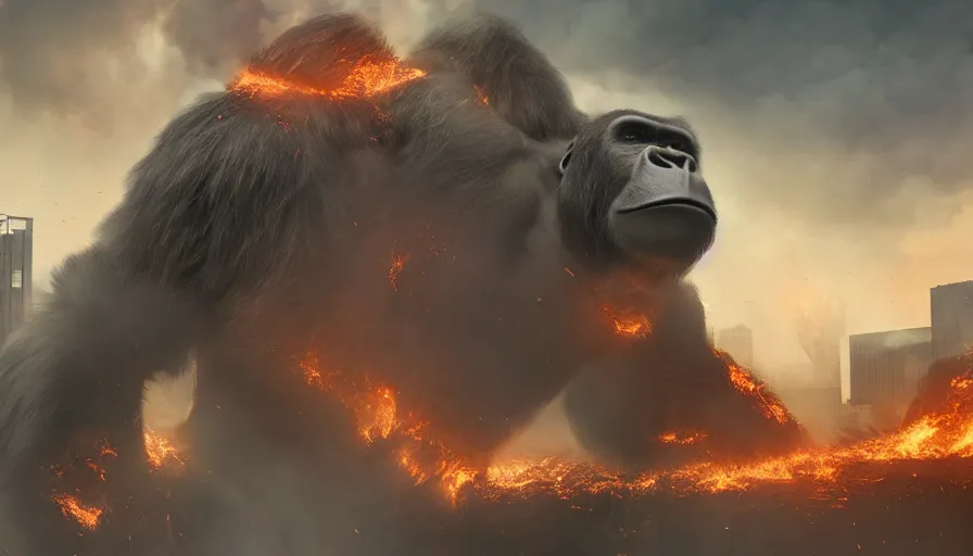 Prompt: giant gorilla destroying washington dc, fire and ashes, debris, collapsed buildings, smoke columns, hell on earth, apocalypse, army, hyperdetailed, artstation, cgsociety, 8 k