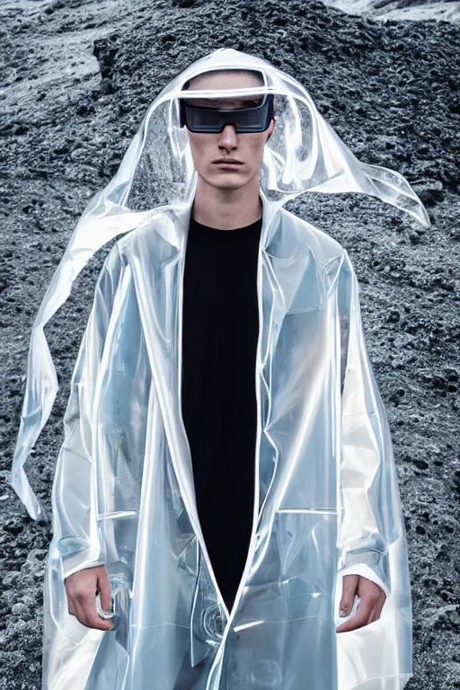 Image similar to an ultra high definition professional high fashion portrait studio full length photograph of a male model wearing a transparent pearlescent raincoat and neon visor in an icelandic black rock environment at dawn. no artefacts. extremely detailed. stark. refraction. shallow depth of field. volumetric light and shadow. ray tracing. light rays.