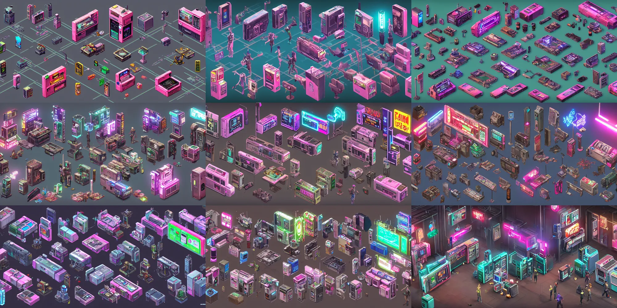 Prompt: game asset of the sims cyberpunk hongkong shadowrun furniture and decor, no characters, in gouache detailed paintings, vending machines, electric poles and box and traffic light, computer and console and mechanical, junkyard, props, stylized, 2 d sprites, kitbash, arcane, overwatch, blue and pink color scheme, 8 k, close up