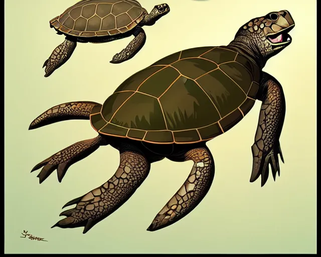 Image similar to cell shaded cartoon of a realistic turtle with a bulldog's proportions. full body, concept art by josan gonzales and wlop, by james jean, victo ngai, david rubin, mike mignola, deviantart, art by artgem