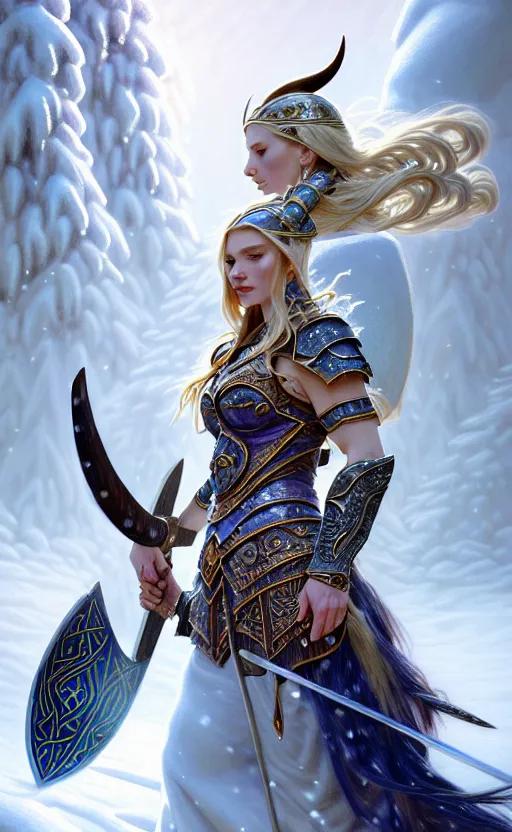 Image similar to opal viking warrior, regal, elegant, winter, snow, beautiful, stunning, hd, illustration, epic, d & d, fantasy, intricate, elegant, highly detailed, wide angle, digital painting, artstation, concept art, smooth, sharp focus, illustration, wallpaper, art by artgerm and greg rutkowski and alphonse mucha and jin xiaodi