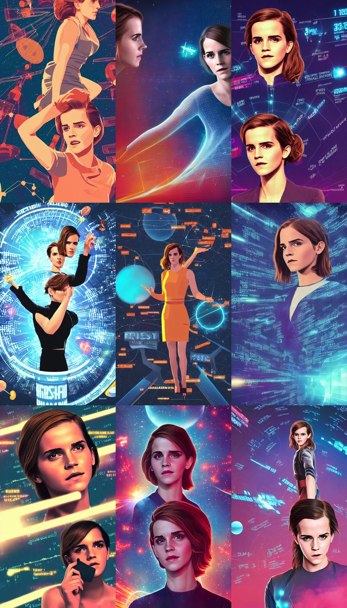 Prompt: hardmesh retro futurist screen shows emma watson telling news, stock prices bar, in style of firefly movie, digital art by ilya kuvshinov and greg rutkovsky, intergalactic, space, stars and nebula, tv, bbc, 5 - channel, with anchor man and woman, cinematic