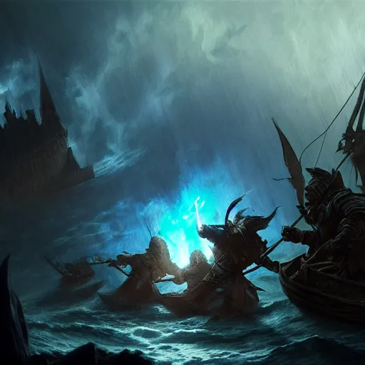 Image similar to D&D fantasy combat fighting blue specters on a shipwreck, intricate, elegant, highly detailed, D&D, digital painting, artstation, concept art, matte painting, sharp focus, illustration, extremely moody lighting, glowing light and shadow, atmospheric, shadowy, cinematic, in the style of Greg Rutkowski and artemisia gentileschi and Alphonse Mucha