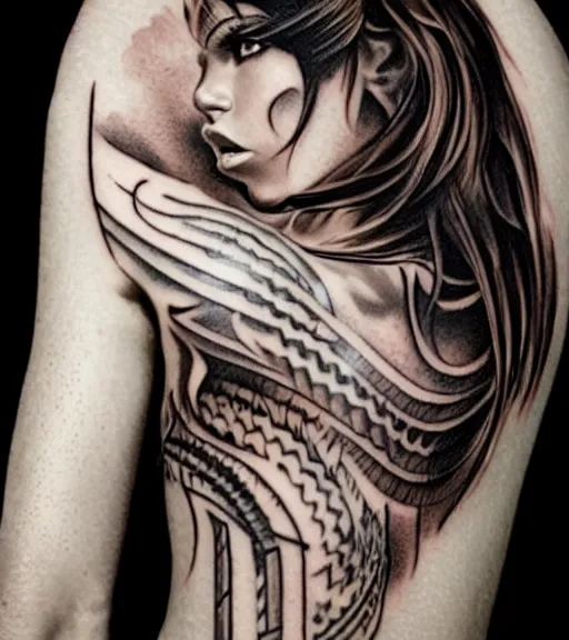 Image similar to tattoo design on white background of a beautiful girl warrior, hyper realistic, realism tattoo, by eliot kohek