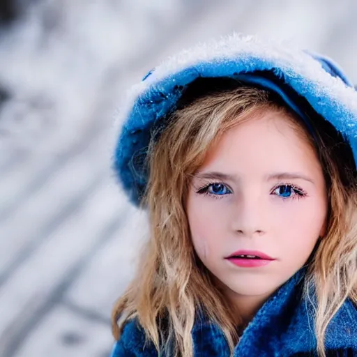 Image similar to a little portuguese girl with white - fair!!!!! skin, dirty blonde hair and blue eyes, wearing a disney land coat and blue jeans, 4 k, 8 k, photorealistic facial features