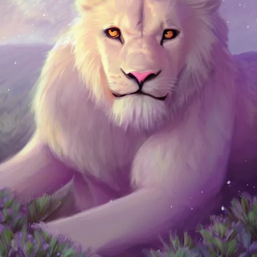 Prompt: aesthetic overhead photo portrait commission of a albino male furry anthro lion lying on a perfect lavender garden like a bed with bubbles surrounding him while wearing a cute mint colored cozy soft pastel winter outfit with pearls on it, winter Atmosphere. Character design by charlie bowater, ross tran, artgerm, and makoto shinkai, detailed, inked, western comic book art, 2021 award winning painting