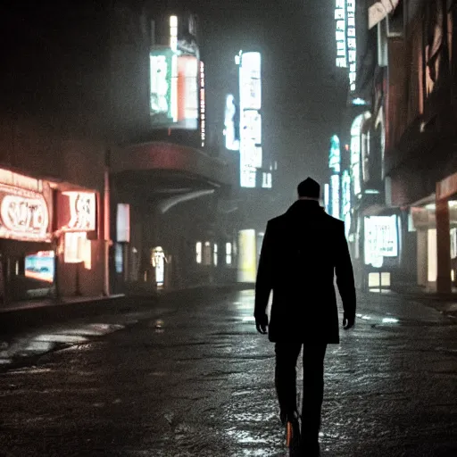 Image similar to a man wearing a trenchoat, walking down a dark street, neonoir, cyberpunk, Blade Runner inspired, film still