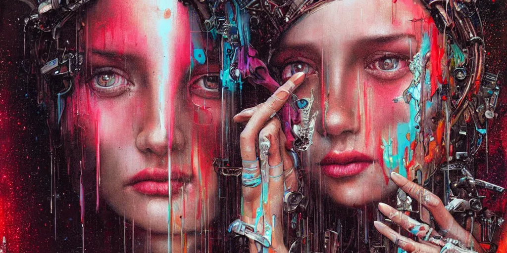 Image similar to portrait of Virgin Mary, melting ,8k,by tristan eaton,Stanley Artgermm,Tom Bagshaw,Greg Rutkowski,Carne Griffiths, Ayami Kojima, Beksinski, Giger,trending on DeviantArt,face enhance,hyper detailed,minimalist,cybernetic, android, blade runner,full of colour