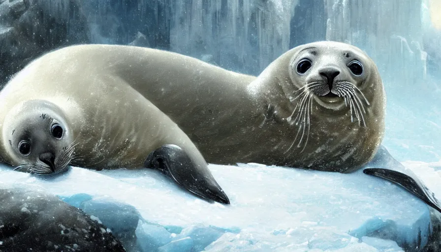 Image similar to highly detailed closeup painting of daddy seal looking after cute furry white baby seals inside a snowy fantasy ice crystal cavern by william turner, by greg rutkowski, by william constable, thick brush strokes and visible paint layers, 4 k resolution