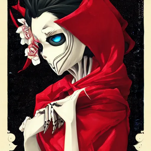 Image similar to anime manga skull portrait young woman skeleton, profile, red riding hood, unreal engine, Disney, intricate, elegant, highly detailed, digital art, art by JC Leyendecker and sachin teng