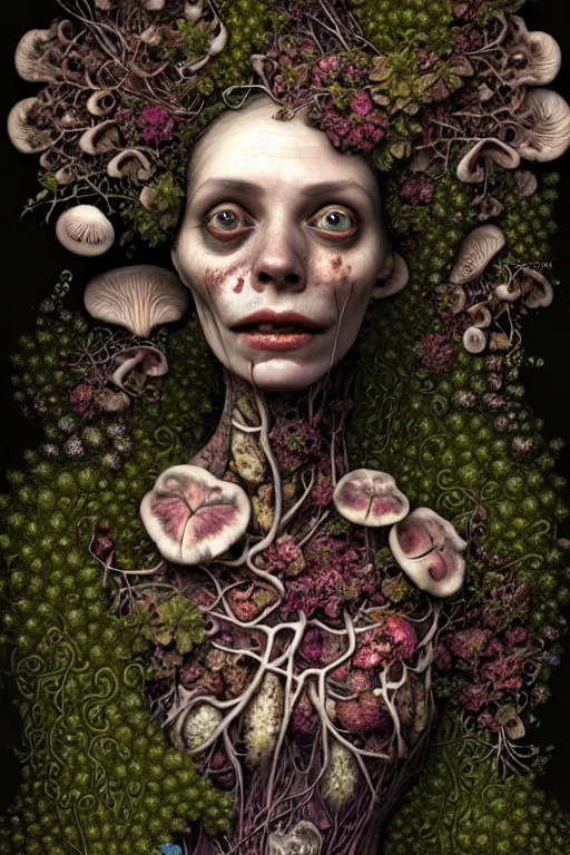 Image similar to very sad and detailed rotten woman corpse with fractal plants and fractal flowers and mushrooms growing around, face muscles, veins, arteries, intricate, ornate, surreal, ray caesar, john constable, guy denning, dan hillier