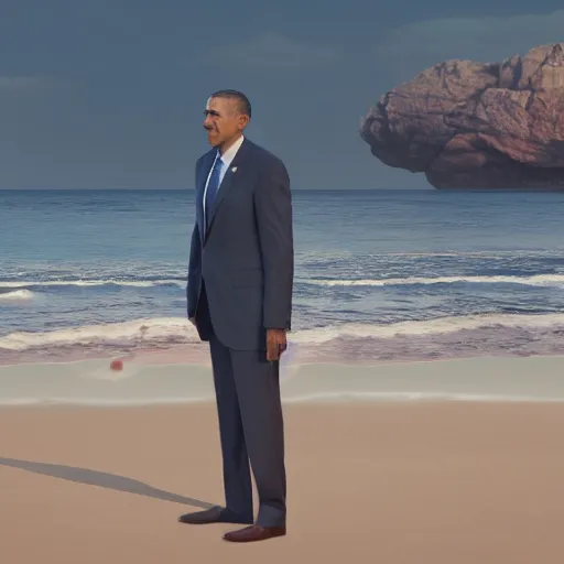 Image similar to Barak Obama on the beach, artistic, 8k, dramatic lighting, octane render, beeple