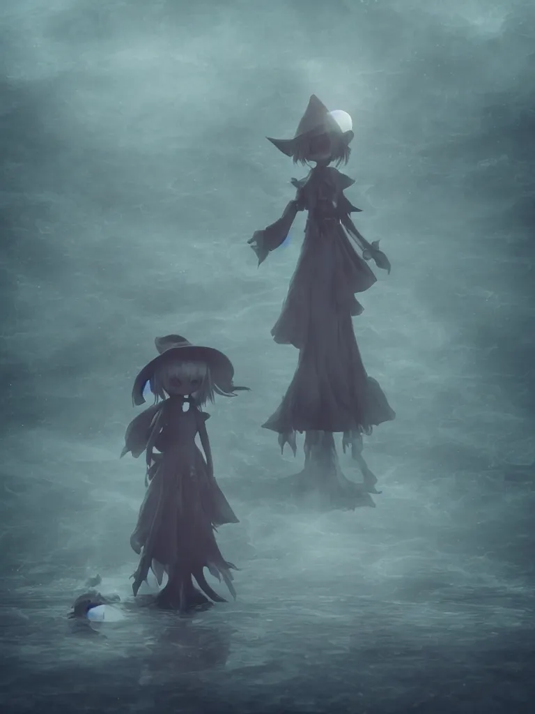 Image similar to cute fumo plush girl witch standing in reflective murky ghastly river water, otherworldly gothic horror maiden in tattered cloth, hazy heavy swirling murky volumetric fog and smoke, moonglow, lens flare, vray