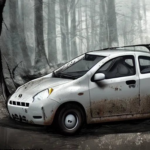 Image similar to a 2010 grey Nissan Micra in a post-apocalyptic environment, trending on ArtStation