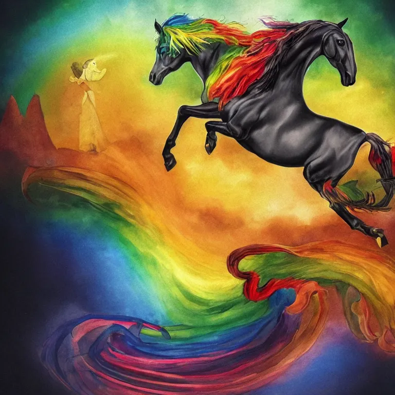 Image similar to fantasy portrait of a rainbow demon riding a black horse