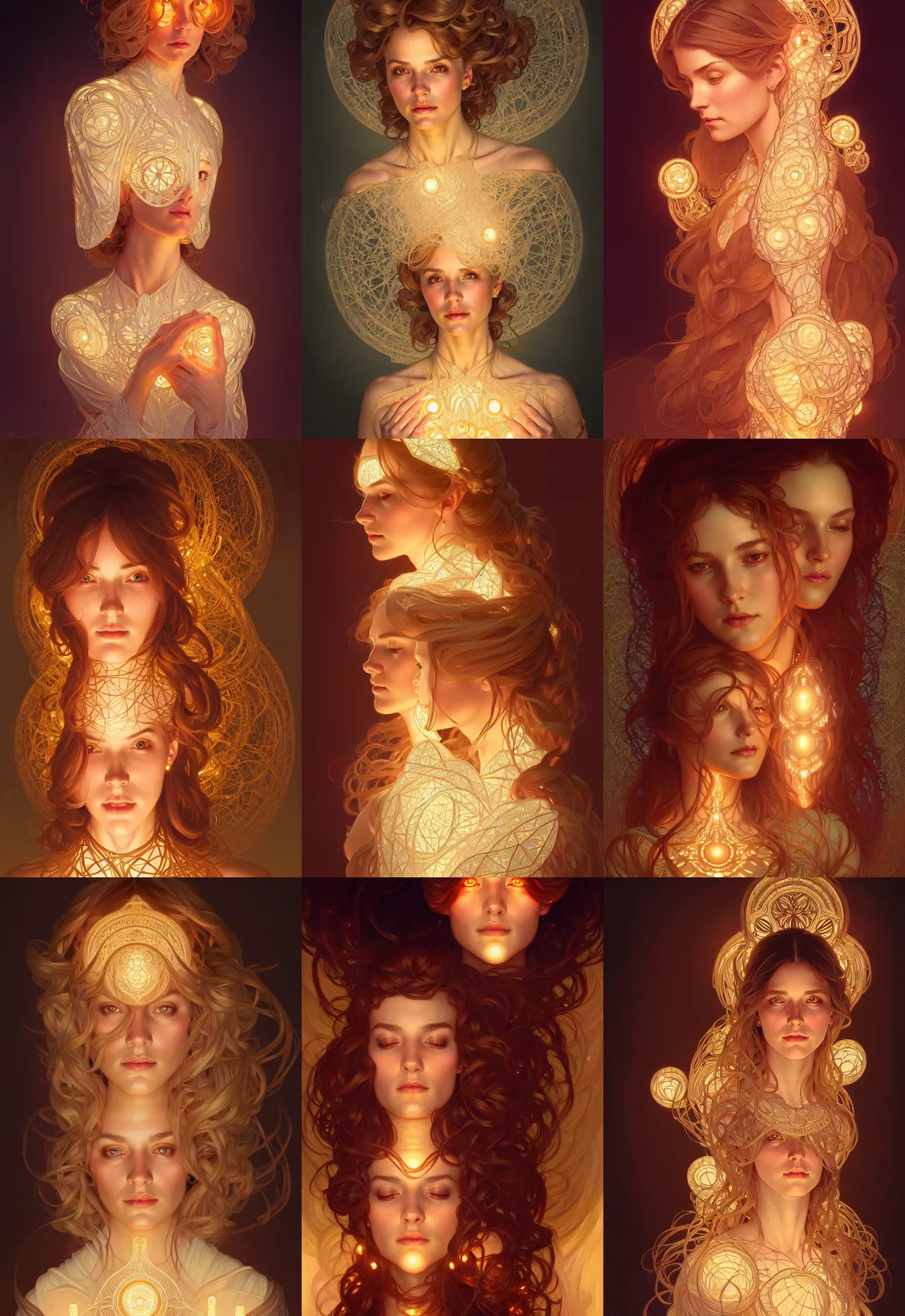 Image similar to symmetry!! portrait of a woman, cottagecore!!, glowing lights!! intricate, elegant, highly detailed, digital painting, artstation, concept art, smooth, sharp focus, illustration, art by artgerm and greg rutkowski and alphonse mucha