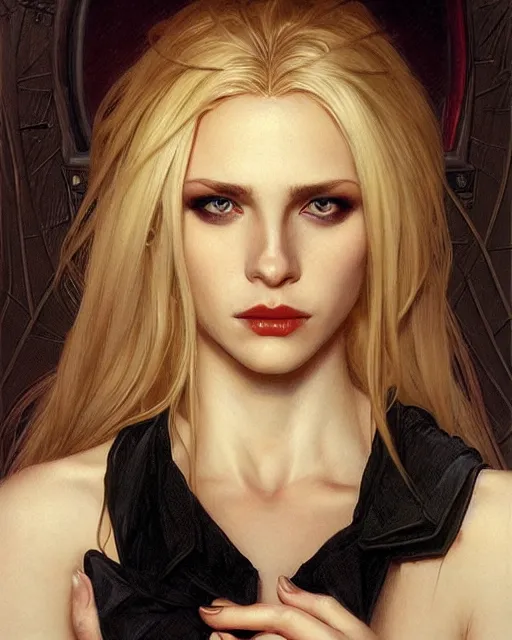 Image similar to portrait of a blonde vampire, dark, piercing eyes, gentle expression, elegant clothing, photorealistic, highly detailed, artstation, smooth, sharp focus, art by michael whelan, artgerm, greg rutkowski and alphonse mucha