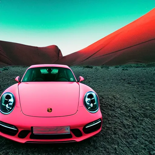 Image similar to porsche in the middle of the desert, professional photography, vaporwave