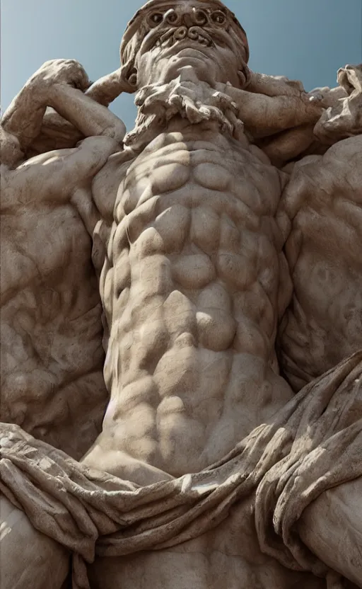 Image similar to looking up at a colossal statue of an old king at the entrance of an ancient greek harbor, greg rutkowski, 8 k, shallow depth of field, intricate detail, concept art,