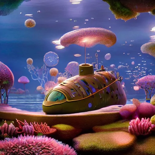 Prompt: tiny wooden submarine, floating, rbc, radiolaria, protophyta, micro - organisms, center frame, symmetric, rim light, marine microbiology, bioluminescence, electric, soft, concept art, intricate details, highly detailed, colorful, photorealistic, disney pixar, octane render, iridescent, anime, 8 k