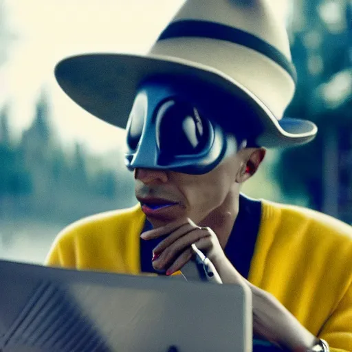 Image similar to cinematic film still of Pharrell Williams Making A Beat with an anthropomorphic alien, Japanese VFX, 2018, 400mm lens, f1.8, shallow depth of field,film photography