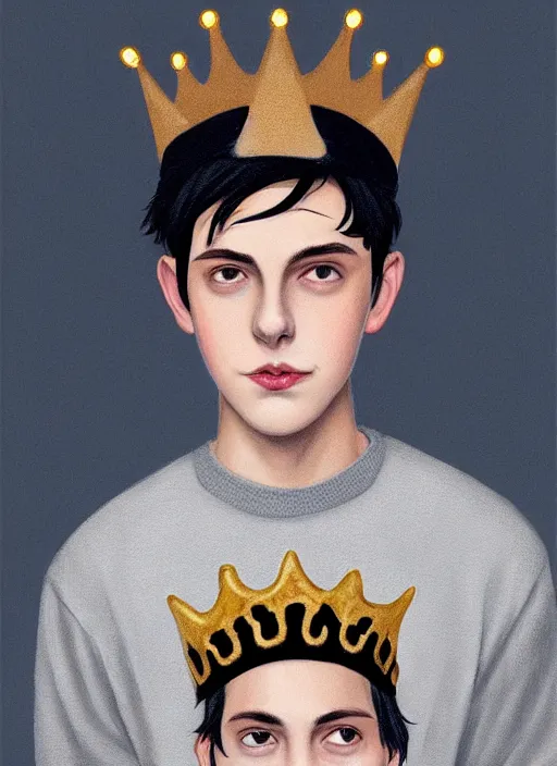 Image similar to portrait of teenage jughead jones wearing a light grey crown, photorealistic, crown, eyes closed, crown, black hair, sweater with letter s on it, letter s, intricate, elegant, glowing lights, highly detailed, digital painting, artstation, concept art, smooth, sharp focus, illustration, art by wlop, mars ravelo and greg rutkowski