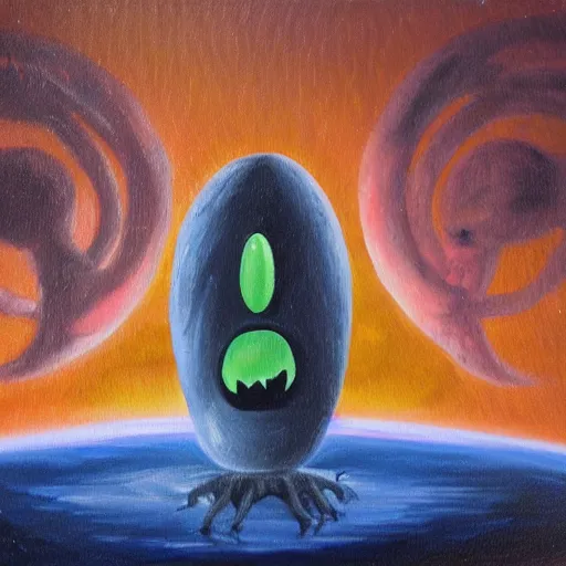 Prompt: A small spaceship fights an eldritch abomination with facial features. Oil painting