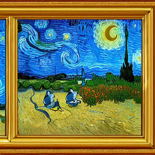 Image similar to tom and jerry in a van gogh painting, 4 k, hyper realistic, dslr, high resolution, landscape, beautiful