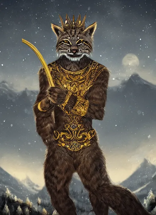 Image similar to anthropomorphic lynx holding a golden intricately decorated shiny scepter, night, spruce trees on the sides, mountains in the background, eerie dark atmosphere, moonlit, back light, in the style of fantasy movie, fantasy art, fantasy matte painting, trending on artstation