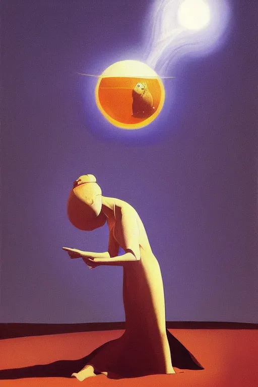 Prompt: woman wearing astronout suit and catch a planet on her head Edward Hopper and James Gilleard, Zdzislaw Beksisnski, higly detailed