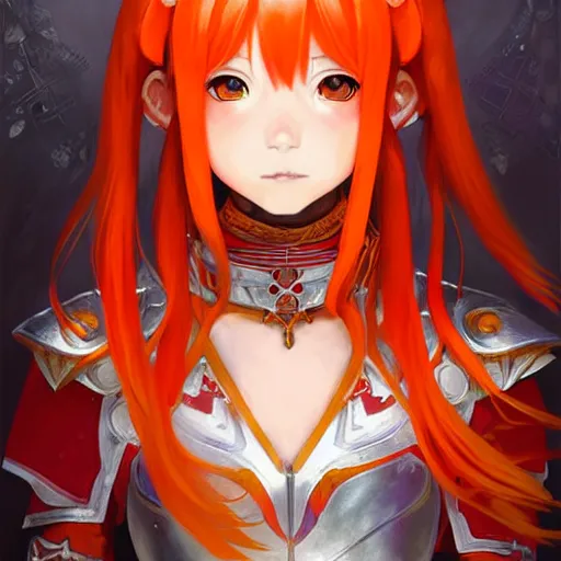 Image similar to Asuna Yuuki, Portrait of a girl with orange hair wearing a partial paladin armor with a red skirt and white top, face, fantasy, intricate, elegant, highly detailed, digital painting, artstation, concept art, smooth, sharp focus, illustration, art by Fernanda Suarez and Artem Demura and alphonse mucha