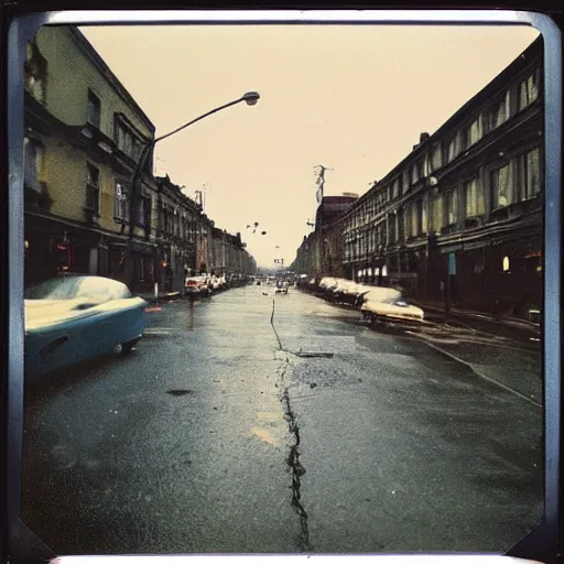Image similar to low angle wide shot of street in the early morning, after rain, polaroid photo, by Warhol,