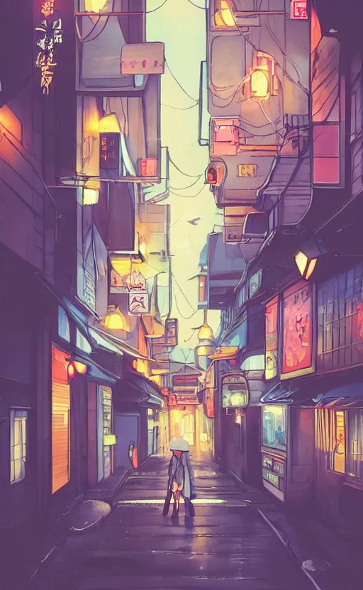 Image similar to night street, rainy day, anime, japan, ghibli, 9 0 s, retro style, aesthetic, chill, room, vintage