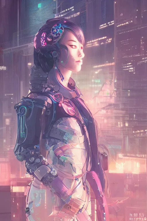 Prompt: portrait futuristic Ninja Girl, in future cyberpunk tokyo rooftop , ssci-fi, fantasy, intricate, very very beautiful, elegant, neon light, highly detailed, digital painting, artstation, concept art, smooth, sharp focus, illustration, art by WLOP and tian zi and alphonse mucha