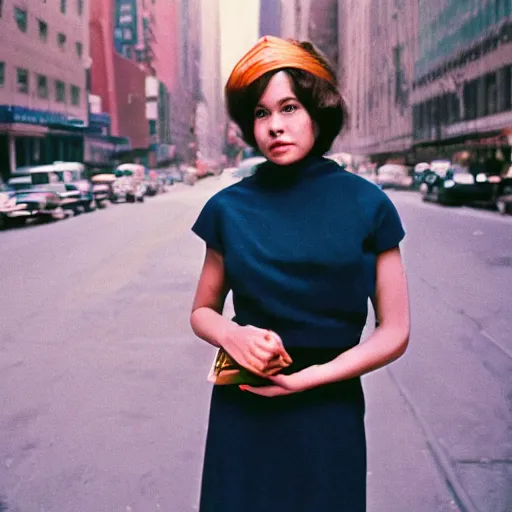 Image similar to medium format film portrait of a woman in new york by street photographer, 1 9 6 0 s, gorgeous portrait featured on unsplash, photographed on colour expired film