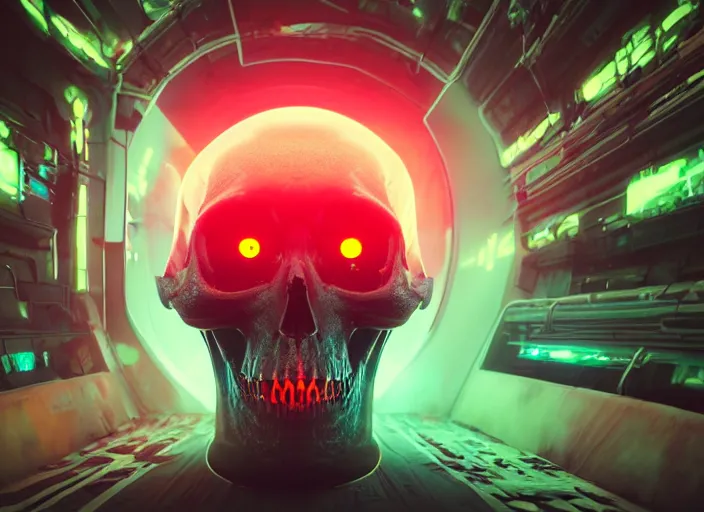 Image similar to a futuristic skull with glowing eyes and a wormhole tunnel, cyberpunk art by beeple, behance contest winner, computer art, darksynth, synthwave, rendered in cinema 4 d