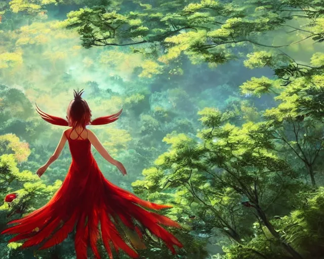 Prompt: a Phoenix girl with two red bird wings on her back flying though a forest in the air, wings coming out of her back, green foliage, sunlit, wide, trees, streams, matte painting, digital illustration, very vibrant colors, soft lighting, adventurous, atmospheric lighting, 8K, octane render. By Makoto Shinkai, Stanley Artgerm Lau, WLOP, Rossdraws, James Jean, Andrei Riabovitchev, Marc Simonetti, krenz cushart, Sakimichan, D&D trending on ArtStation, digital art.