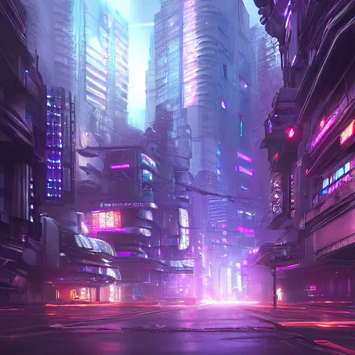 Image similar to a futuristic cyberpunk city at night, purple ray traced light by WLOP and tony sart, god rays, fantasy art, 4k, HDR, photorealistic, 8k, trending on artstation