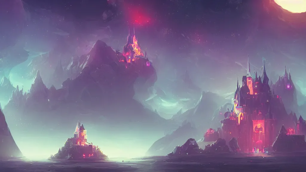 Image similar to a mysterious castle floating in space, surrounded by glowing energy rings, starry black space, by sylvain sarrailh, rossdraws, ultra detailed, fantasy artwork, 8 k, volumetric lighting, trending on artstation, award winning, beautiful scenery, very beautiful.