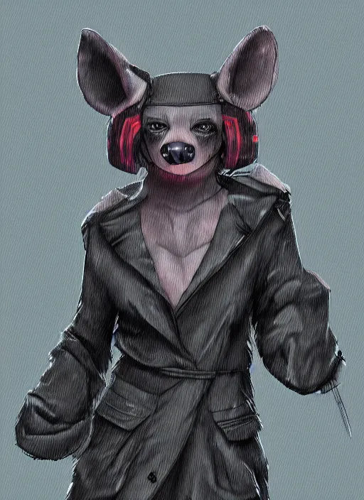 Image similar to digital artwork of anthromorphic hyena female, fursona, furry fandom, rainy cyberpunk setting, anthro, wearing large raincoat,