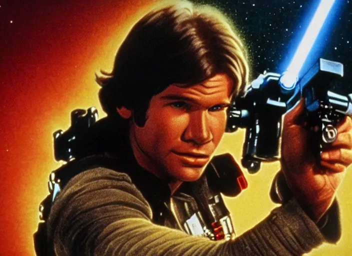 Image similar to screenshot of portrait Han Solo shooting his laser blaster, iconic scene from 1970s film by Stanley Kubrick, the lost Star Wars Film, moody hazy lighting, stunning cinematography, hyper-detailed, crisp, anamorphic lenses, kodak color film stock, 4k