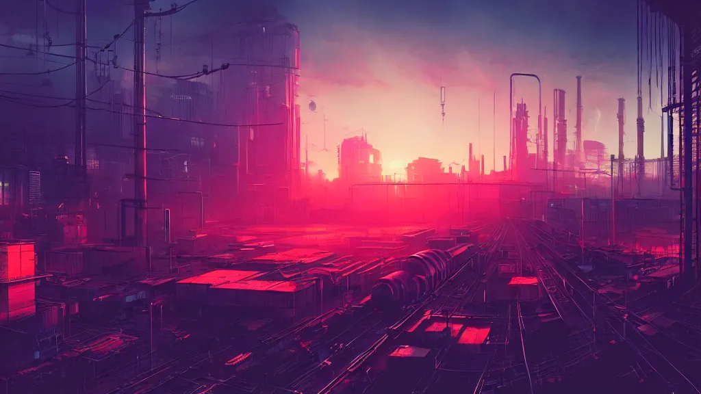 Prompt: cyberpunk industrial site. cyberpunk factories. cyberpunk city backdrop. sunset. rail tracks. cyberpunk industrial area. digital render. digital painting. beeple. noah bradley. cyril roland. ross tran. trending on artstation